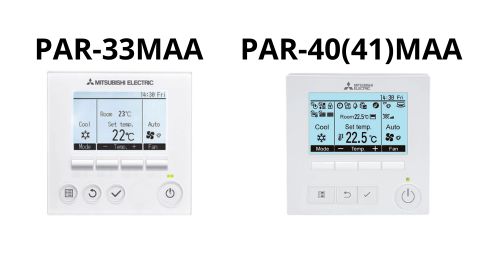 Ilustración donde se comparan los mandos PAR-33MAA y PAR-40 y PAR-41MAA. Los PAR-40 y PAR-41MAA son idénticos. El PAR-33MAA es muy similar. Solo que tiene tres botones redondos y los otros dos, rectangulares